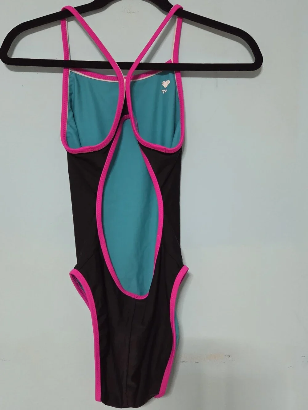 TYR Black and Teal One-Piece Swimsuit with Pink Trim Reversible